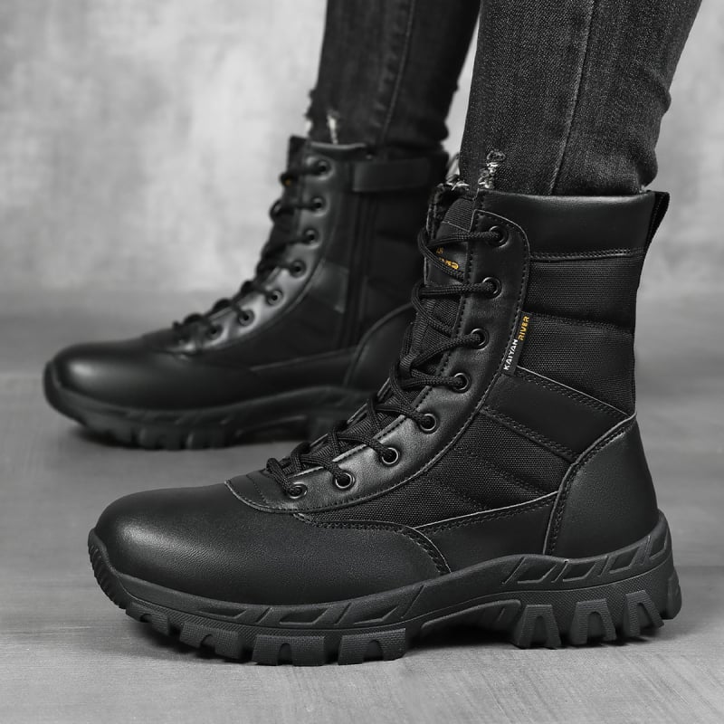 Високи бойни ботуши с горна част от Space кожа, велур и Oxford плат; неплъзгаща се и износоустойчива гумена подметка; универсални за възрастни мъже и жени; подходящи за походи, къмпинг, колоездене, стрелкови спортове и бойни изкуства