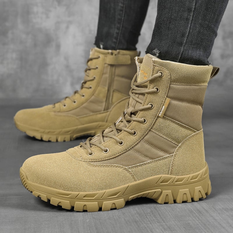 Високи бойни ботуши с горна част от Space кожа, велур и Oxford плат; неплъзгаща се и износоустойчива гумена подметка; универсални за възрастни мъже и жени; подходящи за походи, къмпинг, колоездене, стрелкови спортове и бойни изкуства