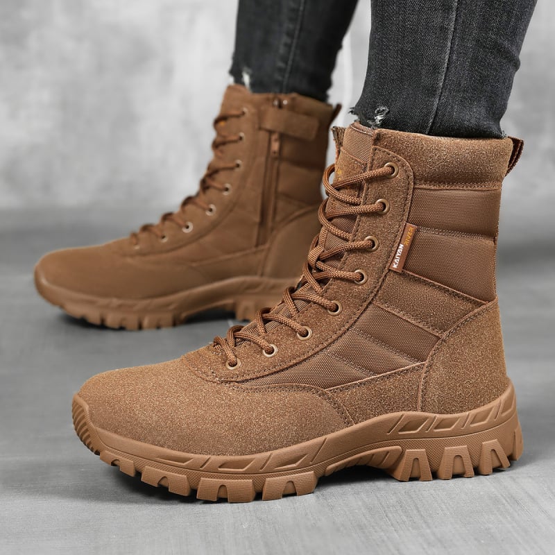 Високи бойни ботуши с горна част от Space кожа, велур и Oxford плат; неплъзгаща се и износоустойчива гумена подметка; универсални за възрастни мъже и жени; подходящи за походи, къмпинг, колоездене, стрелкови спортове и бойни изкуства