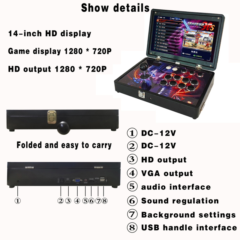 Consolă de jocuri cu ecran HD de 14 inci, arcade dublu, software original de jocuri, OS Linux, stocare 64GB