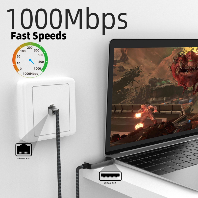 Cablu de rețea USB 3.0 la RJ45 cu carcasă din aliaj de aluminiu și cablu OFC împletit, Gigabit Ethernet (10/100/1000 Mbps), lungimi 2/5/10 m, compatibil cu orice sistem