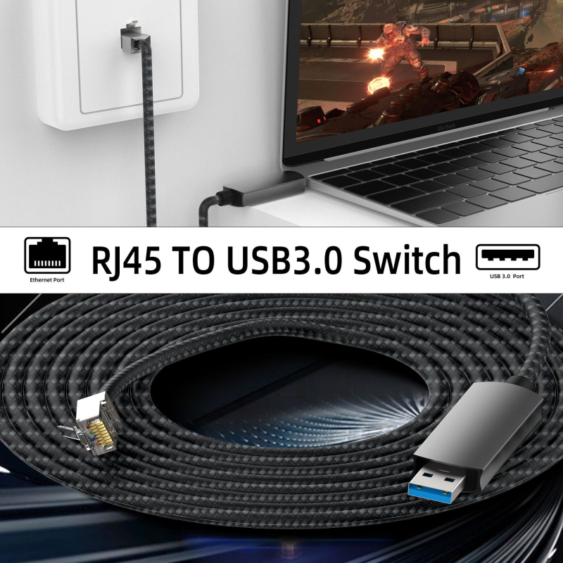Cablu de rețea USB 3.0 la RJ45 cu carcasă din aliaj de aluminiu și cablu OFC împletit, Gigabit Ethernet (10/100/1000 Mbps), lungimi 2/5/10 m, compatibil cu orice sistem