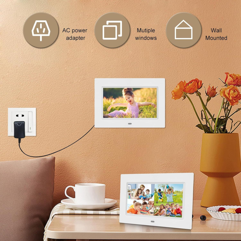 Reklamna digitalna foto okvir s prikazom fotografija i videa, zaslon 1024×600, podržava SD i USB memorijske uređaje, reproducira fotografije, videa i glazbu, napajanje iz mreže.