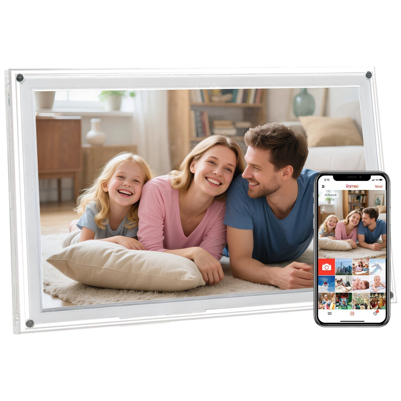 Digitális fotókeret akril/plasztik felépítéssel, USB-meghajtó támogatás, 1024×600 felbontás, 2GB tárhely, zene- és videólejátszás.