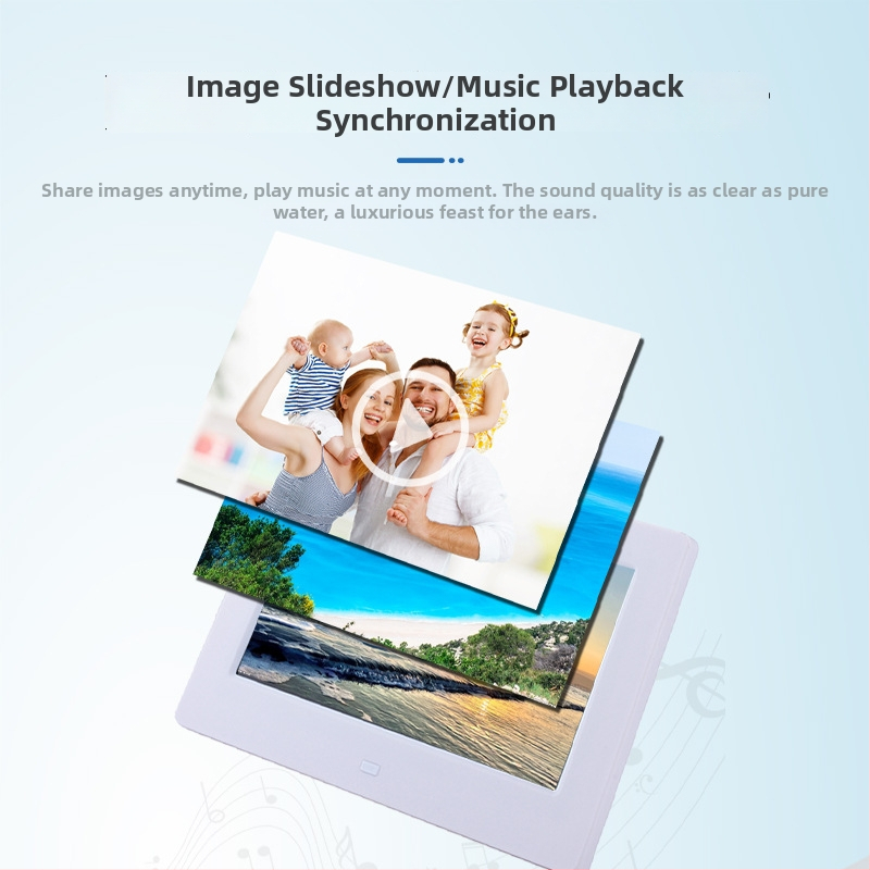Digitális fotókeret zene- és videólejátszással, kijelző 1024x600, ABS műanyag test, MS/SD/USB/TF/MMC kártya támogatás, 16MB tárhely, képfájlok BMP/JPEG/PNG/JPG/GIF, 16:9 arány, távirányító
