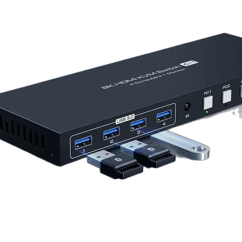 Comutator KVM pentru patru PC-uri cu HDMI și DP, 8K@60Hz, cabluri de 5 m, trezire la distanță