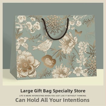 Винтидж подаръчна торба с мотив златни цветя и птици – висококачествен бял картон, печат, персонализируема, класически стил, спецификация 1