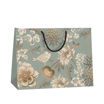 Винтидж подаръчна торба с мотив златни цветя и птици – висококачествен бял картон, печат, персонализируема, класически стил, спецификация 1