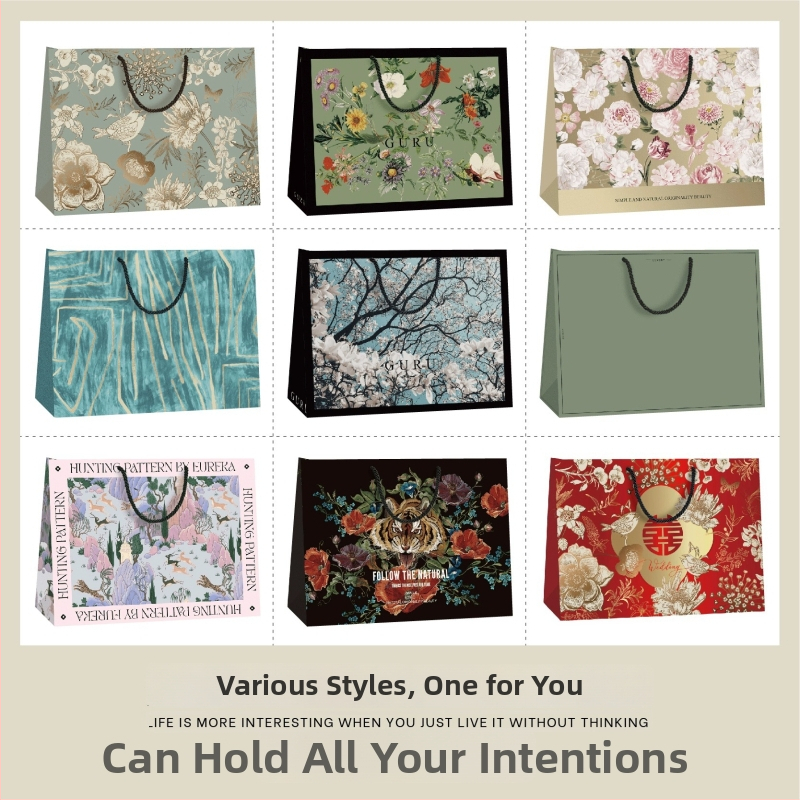 Винтидж подаръчна торба с мотив златни цветя и птици – висококачествен бял картон, печат, персонализируема, класически стил, спецификация 1