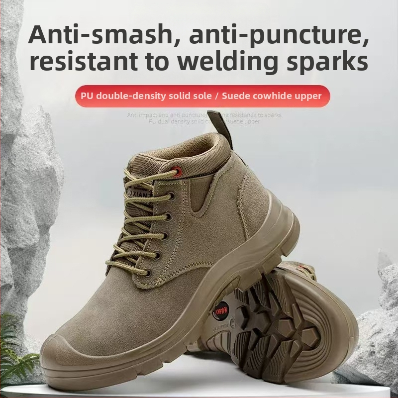 Защитни обувки с метален нос, подплатени с флис, велурова телешка кожа, средно високи, защита от удар и пробив
