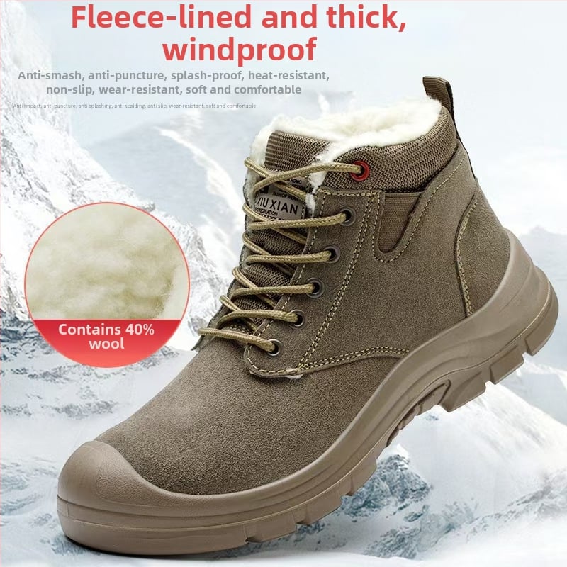 Защитни обувки с метален нос, подплатени с флис, велурова телешка кожа, средно високи, защита от удар и пробив