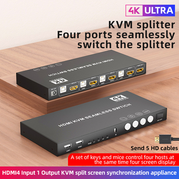 HDMI KVM prekidač: 4 ulaza - 1 izlaz, glatko prebacivanje, 4K30Hz, dijeljenje USB tipkovnice i miša, kompatibilno s Windows 7