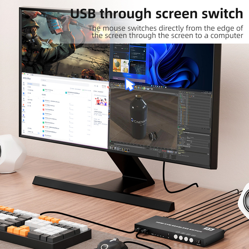 HDMI KVM prekidač: 4 ulaza - 1 izlaz, glatko prebacivanje, 4K30Hz, dijeljenje USB tipkovnice i miša, kompatibilno s Windows 7