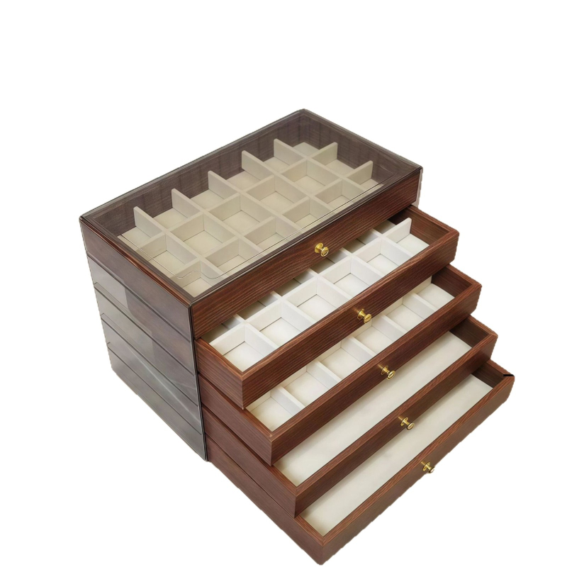 Öt rétegű fa ékszerdoboz, nagy kapacitású belső elrendezésekkel