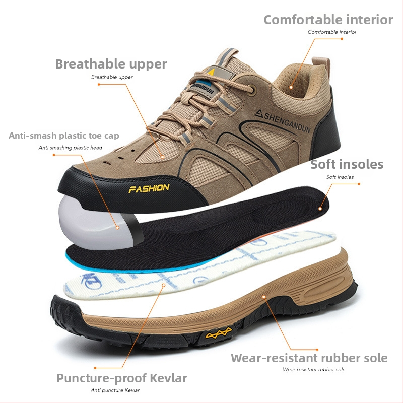 Строителни обувки за безопасност, нисък връх, устойчиви на пробив и удари, горна част от тъкан плат и пластмасова защита на пръстите