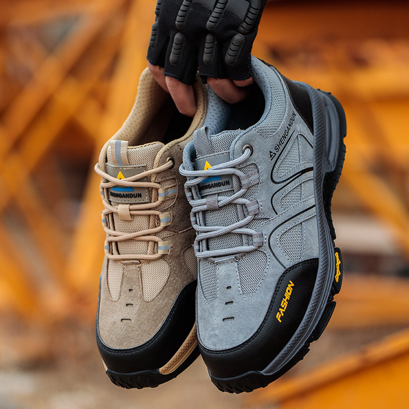 Строителни обувки за безопасност, нисък връх, устойчиви на пробив и удари, горна част от тъкан плат и пластмасова защита на пръстите