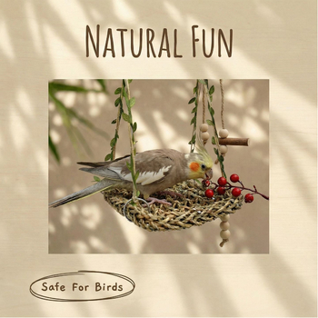 Leagăn din iarbă pentru papagal cu hamac și accesorii — jucărie pentru păsări, mușcare și cățărare, set cu un singur strat