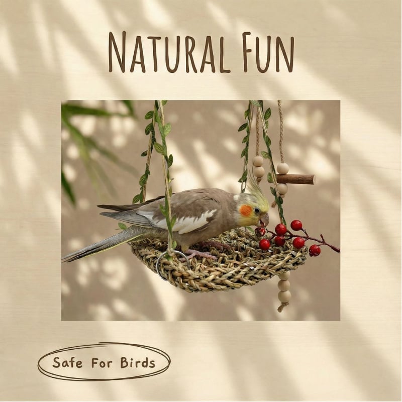 Leagăn din iarbă pentru papagal cu hamac și accesorii — jucărie pentru păsări, mușcare și cățărare, set cu un singur strat