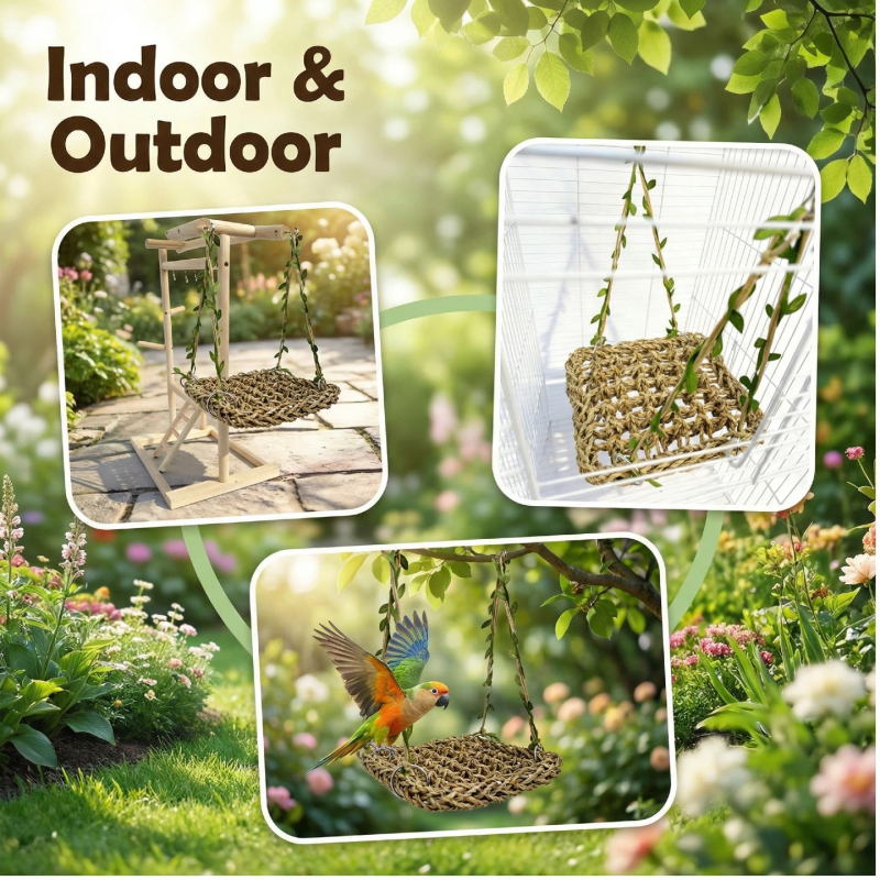 Leagăn din iarbă pentru papagal cu hamac și accesorii — jucărie pentru păsări, mușcare și cățărare, set cu un singur strat