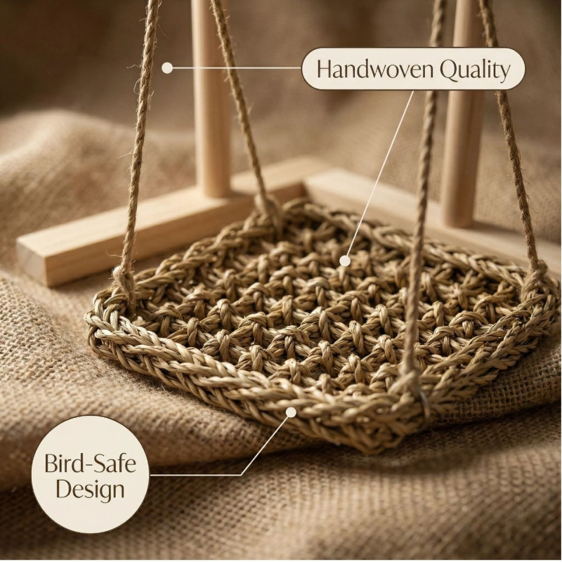 Leagăn din iarbă pentru papagal cu hamac și accesorii — jucărie pentru păsări, mușcare și cățărare, set cu un singur strat