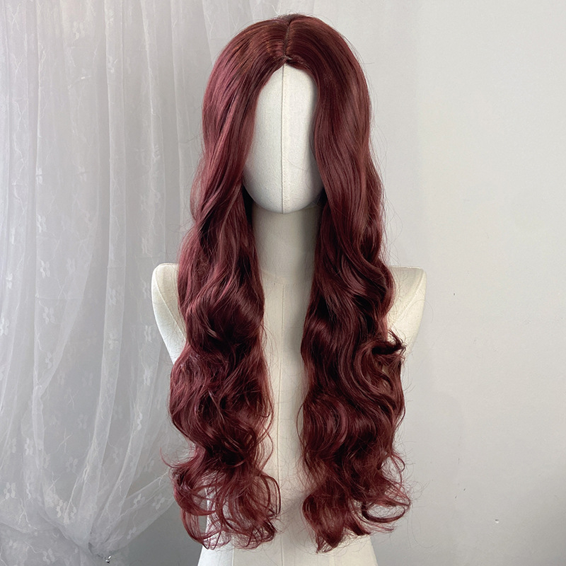 Duga kovrčava perika sa srednjom partijom, vlakna otporna na temperaturu, konstrukcija kapice s mehanizmom, prilagodljiva