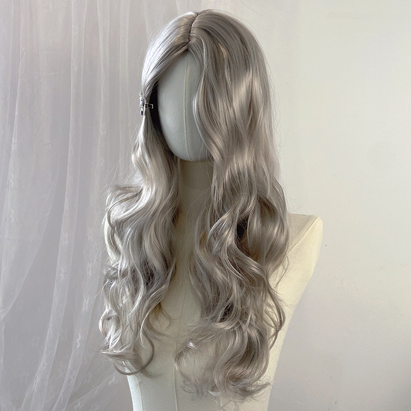 Duga kovrčava perika sa srednjom partijom, vlakna otporna na temperaturu, konstrukcija kapice s mehanizmom, prilagodljiva