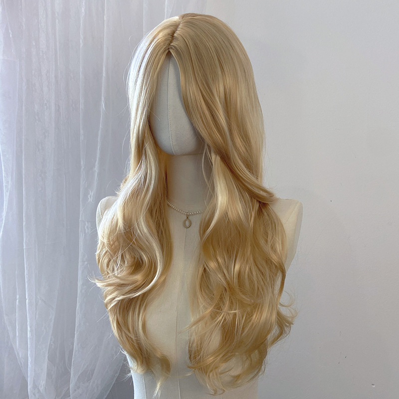 Duga kovrčava perika sa srednjom partijom, vlakna otporna na temperaturu, konstrukcija kapice s mehanizmom, prilagodljiva