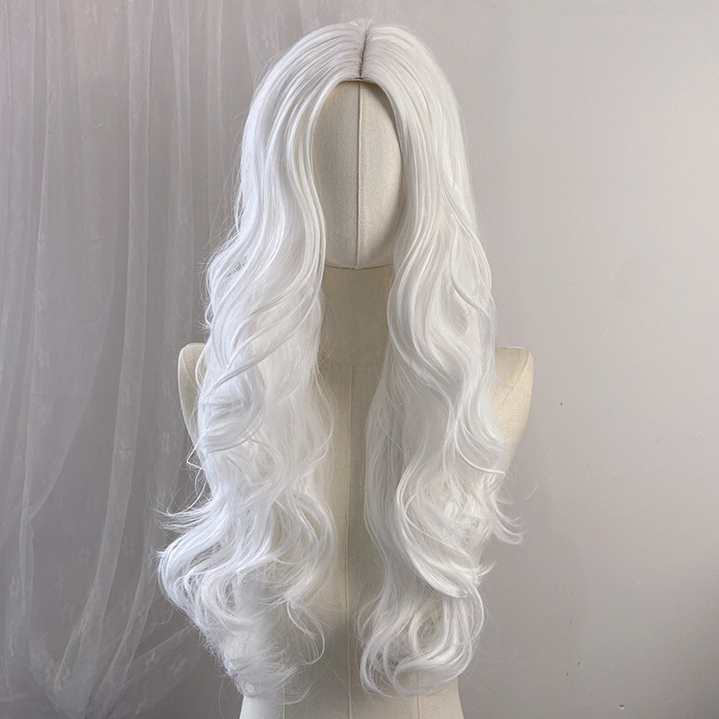 Duga kovrčava perika sa srednjom partijom, vlakna otporna na temperaturu, konstrukcija kapice s mehanizmom, prilagodljiva