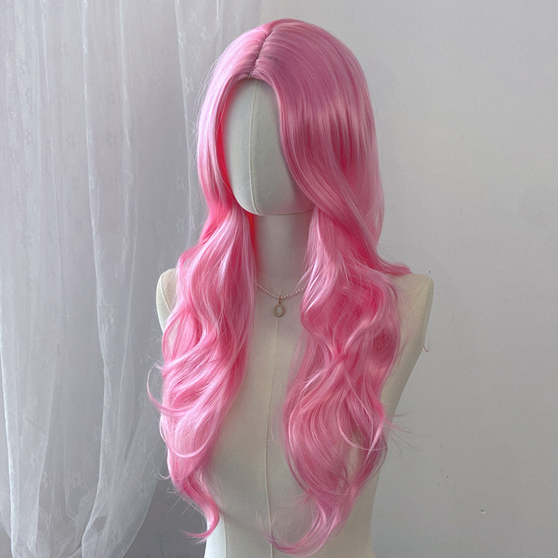 Duga kovrčava perika sa srednjom partijom, vlakna otporna na temperaturu, konstrukcija kapice s mehanizmom, prilagodljiva