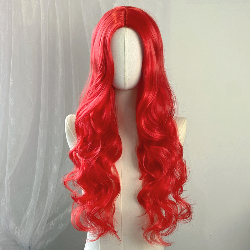 Duga kovrčava perika sa srednjom partijom, vlakna otporna na temperaturu, konstrukcija kapice s mehanizmom, prilagodljiva