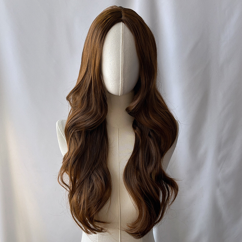 Duga kovrčava perika sa srednjom partijom, vlakna otporna na temperaturu, konstrukcija kapice s mehanizmom, prilagodljiva