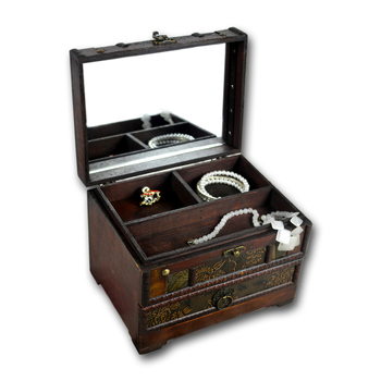 Cutie veche din lemn pentru bijuterii cu oglindă, capac și compartimente