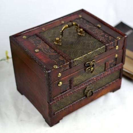 Cutie veche din lemn pentru bijuterii cu oglindă, capac și compartimente