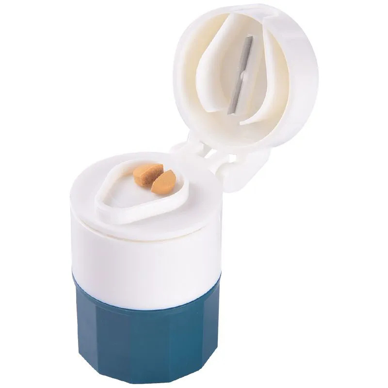 Multifunkcionális tablettás doboz őrlővel – hordozható, porálló, osztóval, anyag: PP műanyag, 1 L kapacitás