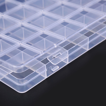 PP műanyag 24 rekeszes átlátszó tároló doboz kártya résével; összehajtható, rakható, porálló, kapacitás 1 L