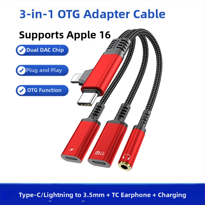 Flash repairman USB-C/Lightning 3-v-1 adaptér pre 3,5 mm audio a nabíjanie, kompatibilný so Samsung, Huawei, Apple 16/17