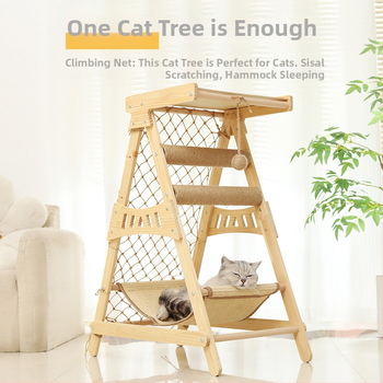 Ξύλινο σύστημα ανάβασης για γάτες με επιφάνεια από σισάλ ανθεκτική στη φθορά, χωρίς να αφήνει τρίχες, ενσωματωμένο φωλιά και κρεμάστρα-κρεβάτι – Brosh