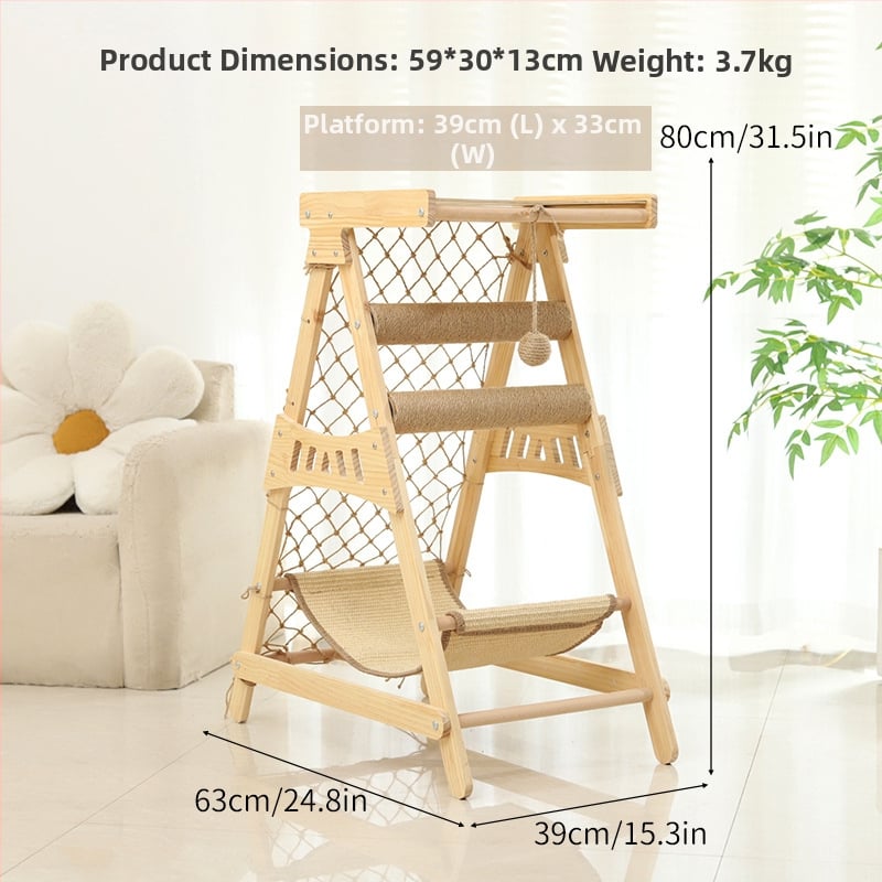 Ξύλινο σύστημα ανάβασης για γάτες με επιφάνεια από σισάλ ανθεκτική στη φθορά, χωρίς να αφήνει τρίχες, ενσωματωμένο φωλιά και κρεμάστρα-κρεβάτι – Brosh