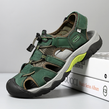 Férfi bőrszandálok ujjvédővel, légáteresztő strandszandál, belső bőr, gumitalp, Velcro-zárás