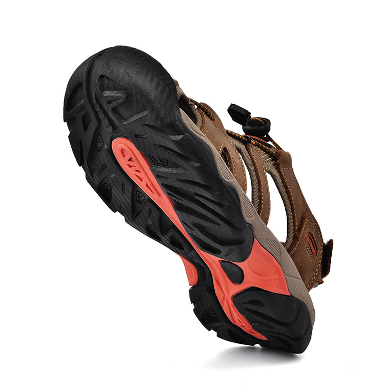 Férfi bőrszandálok ujjvédővel, légáteresztő strandszandál, belső bőr, gumitalp, Velcro-zárás