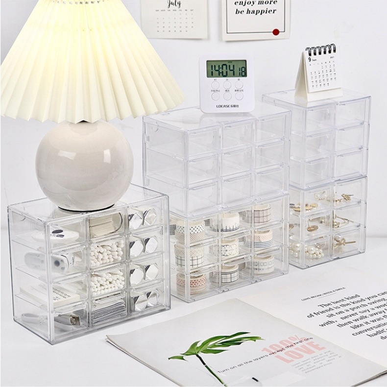 Stolni organizator za nakit, proziran, s više pretinaca i ladicama, prašini otporan, model L005, PS plastika, 100% novi materijal