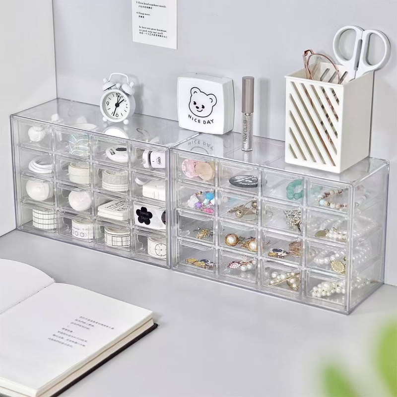 Stolni organizator za nakit, proziran, s više pretinaca i ladicama, prašini otporan, model L005, PS plastika, 100% novi materijal