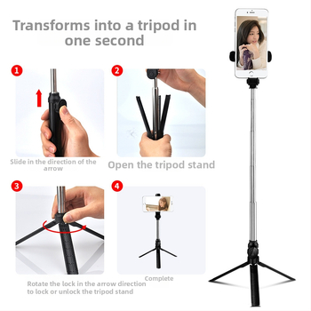 XT10 Bluetooth селфи стика с трипод и вграден държач за лайв стрийминг за телефон, хоризонтално и вертикално снимане, неръждаема стомана + ABS конструкция, с дистанционно управление
