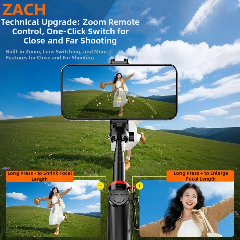 Zach Телескопична селфи пръчка с Bluetooth дистанционно, мини ръчен трипод със подсветка и четири крака