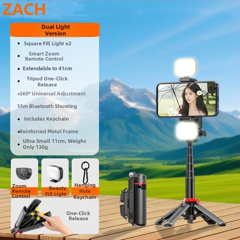 Zach Телескопична селфи пръчка с Bluetooth дистанционно, мини ръчен трипод със подсветка и четири крака
