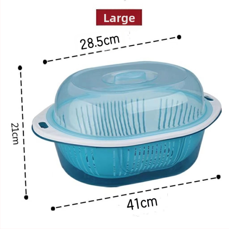 Dvostruki odvodni koš s poklopcem za voće i povrće — okrugli plastični PP koš za pranje i skladištenje