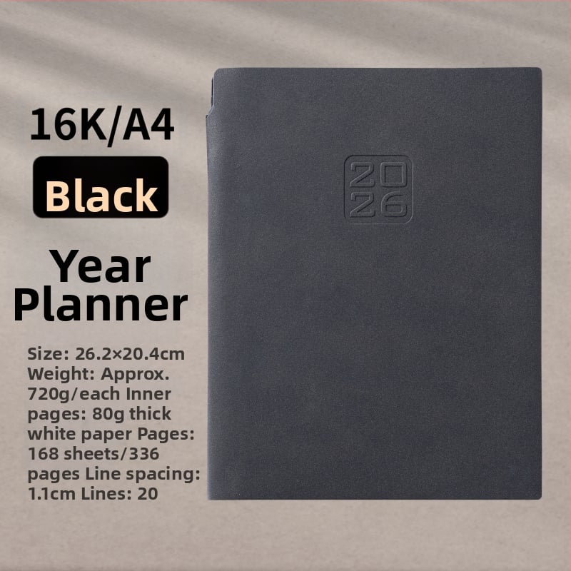 Дневник 2026: календар график, корица от имитация кожа, подвързване във формат French fold, Dowling хартия, 300–400 страници, Nine Thousand Years