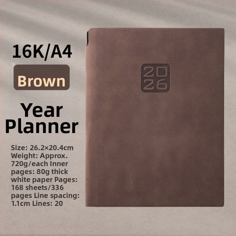 Дневник 2026: календар график, корица от имитация кожа, подвързване във формат French fold, Dowling хартия, 300–400 страници, Nine Thousand Years