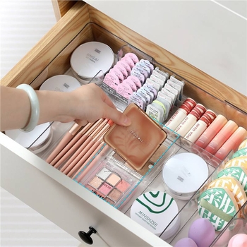 Cutie de depozitare pentru sertar pentru cosmetice, divizoare retractabile, transparent PET/PS, dreptunghiulară, poate fi suprapusă