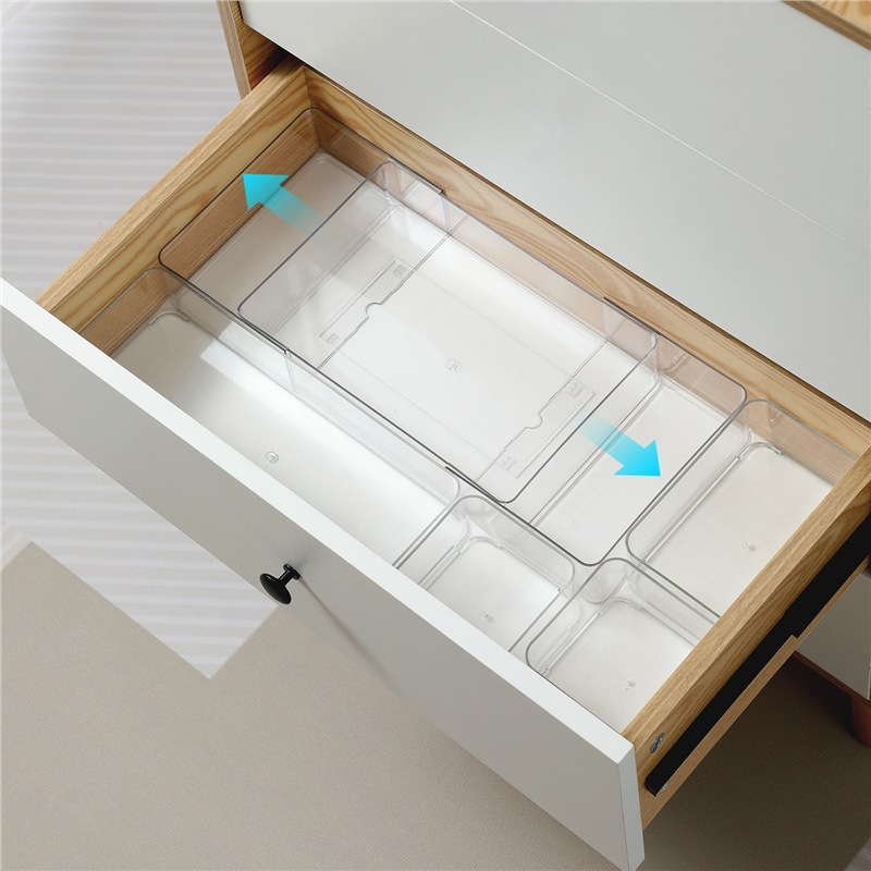 Cutie de depozitare pentru sertar pentru cosmetice, divizoare retractabile, transparent PET/PS, dreptunghiulară, poate fi suprapusă